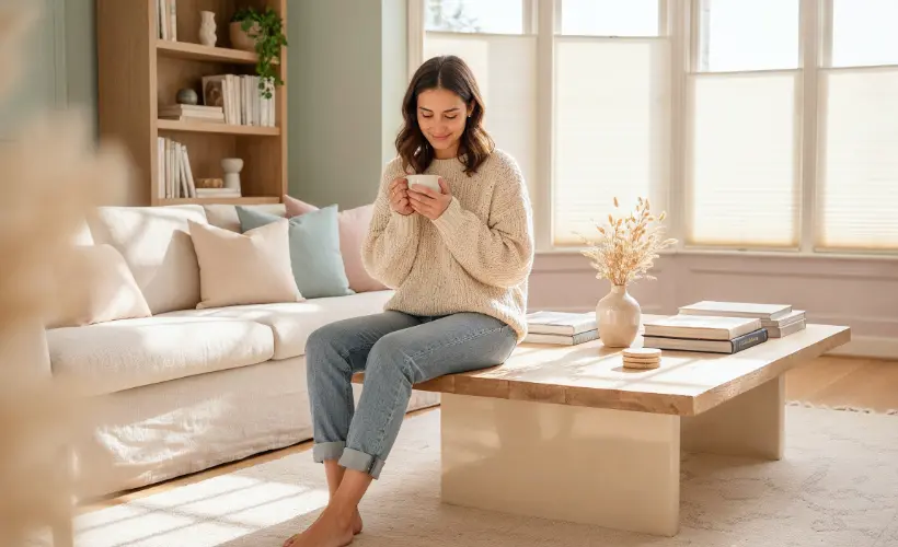 A woman holding a mug in a bright living room with cream pleated blinds on the windows.