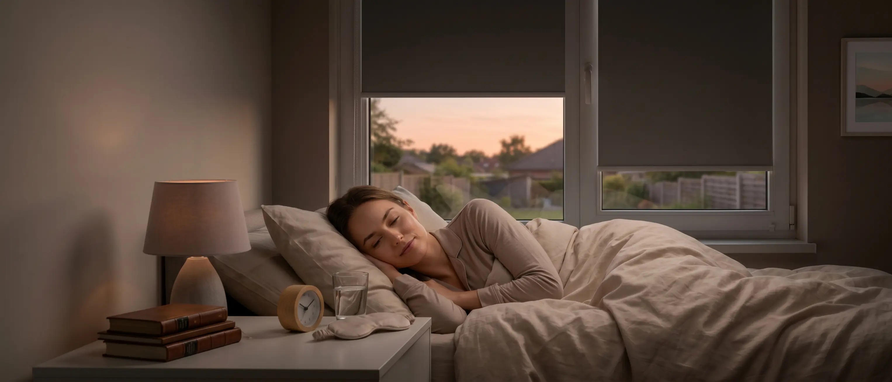 Woman sleeping in bed in a dark bedroom with brown blackout roller blinds on the window