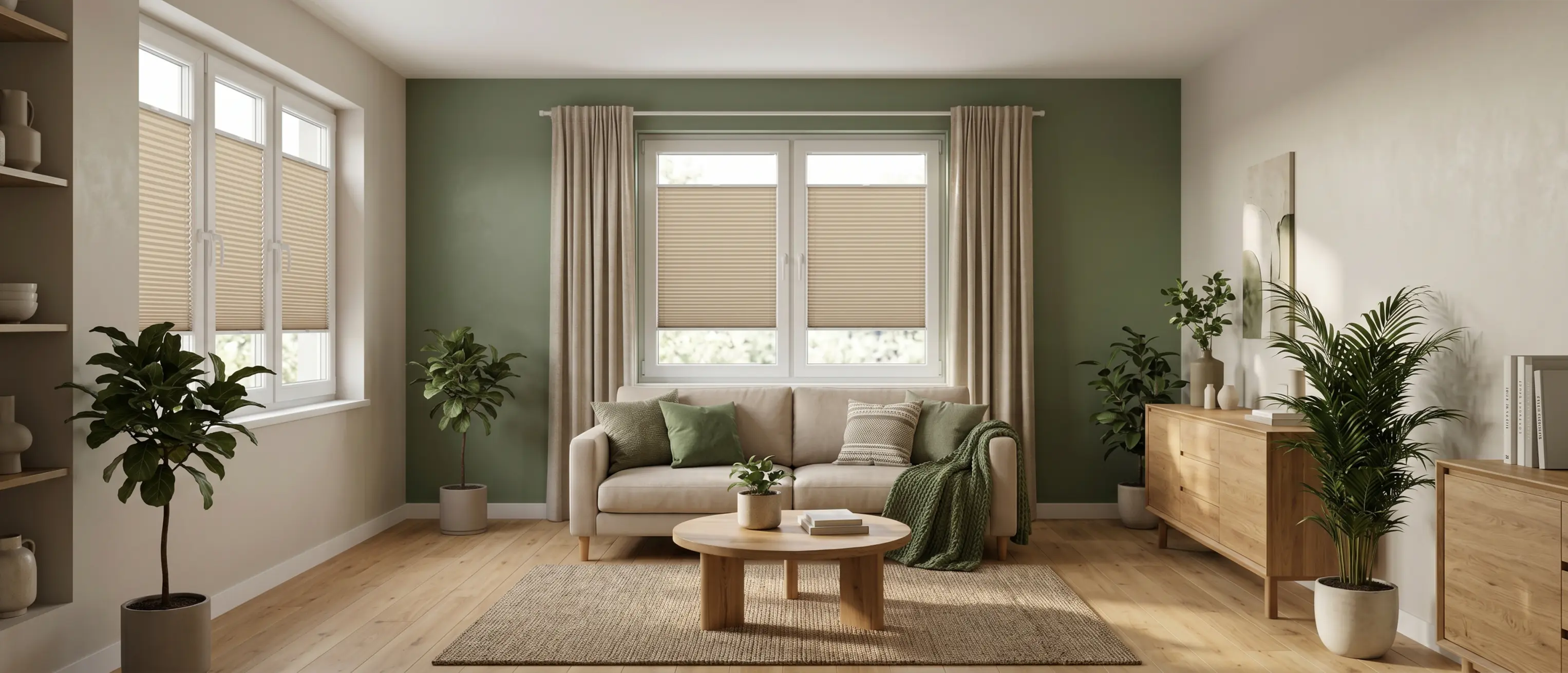 Cozy, spacious living room with green accents, curtains and beige pleated blinds on the window.