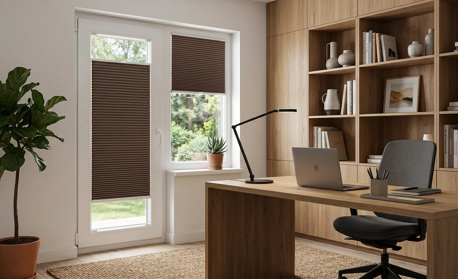 Small Scandinavian-style office with brown blackout pleated blinds on the windows.