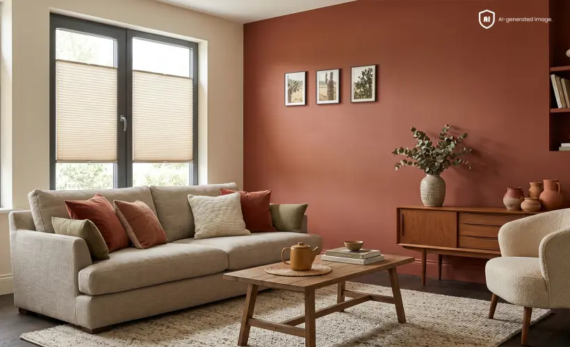 Living room in terracotta tones with beige accents and a standard beige pleated blind on the window.