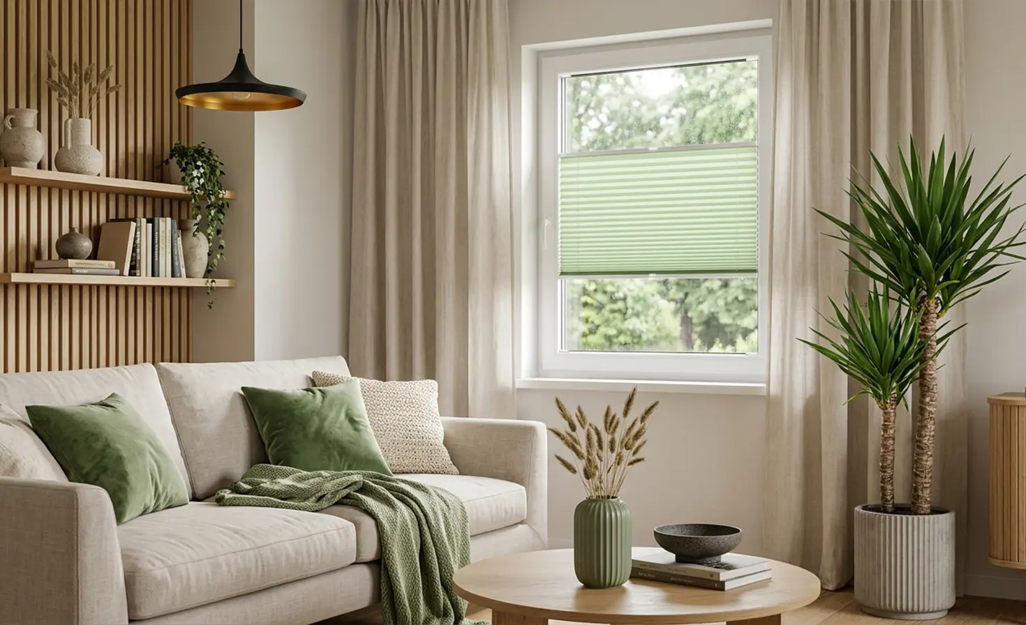 Beige minimalist living room with green accents and a standard green pleated blind on the window.