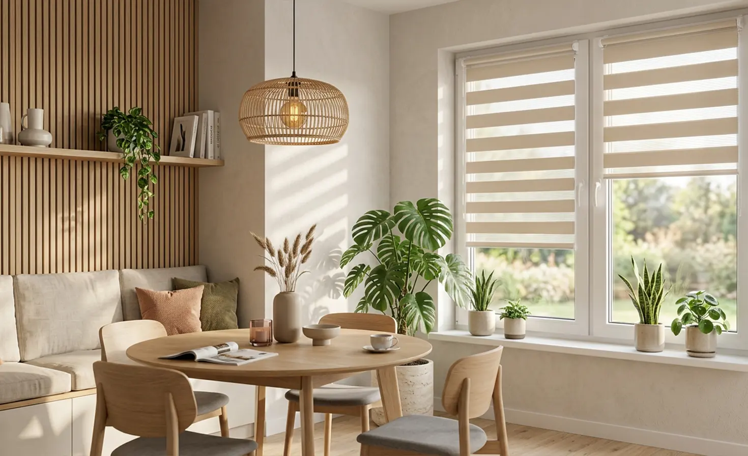 Cozy, bright living room with a dining area and beige day-and-night blinds on the window.