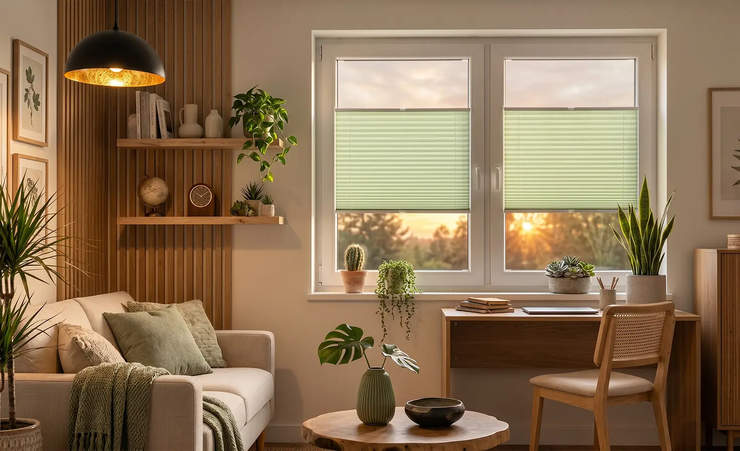Cosy room with standard green pleated blinds on the window in the evening light.