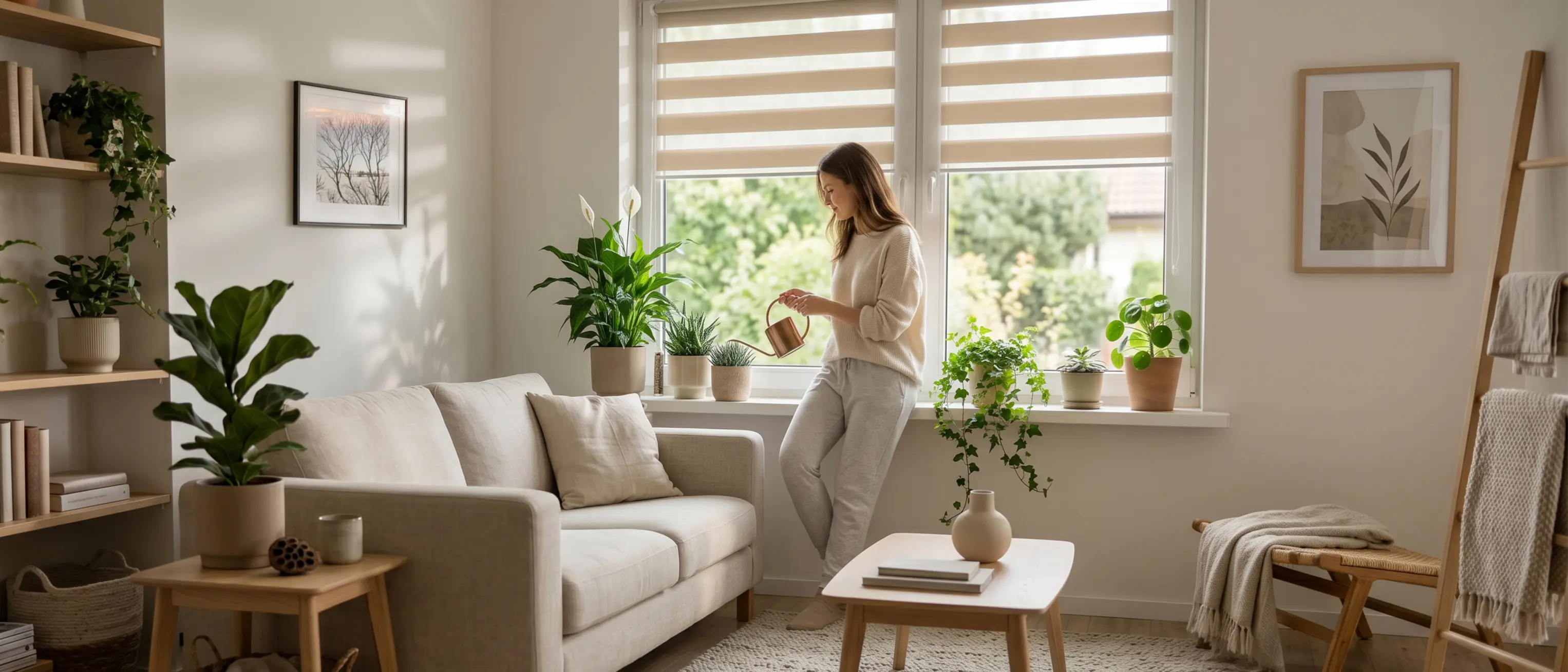 Woman in a living room by a window with a beige day-and-night blind, watering plants on the windowsill.
