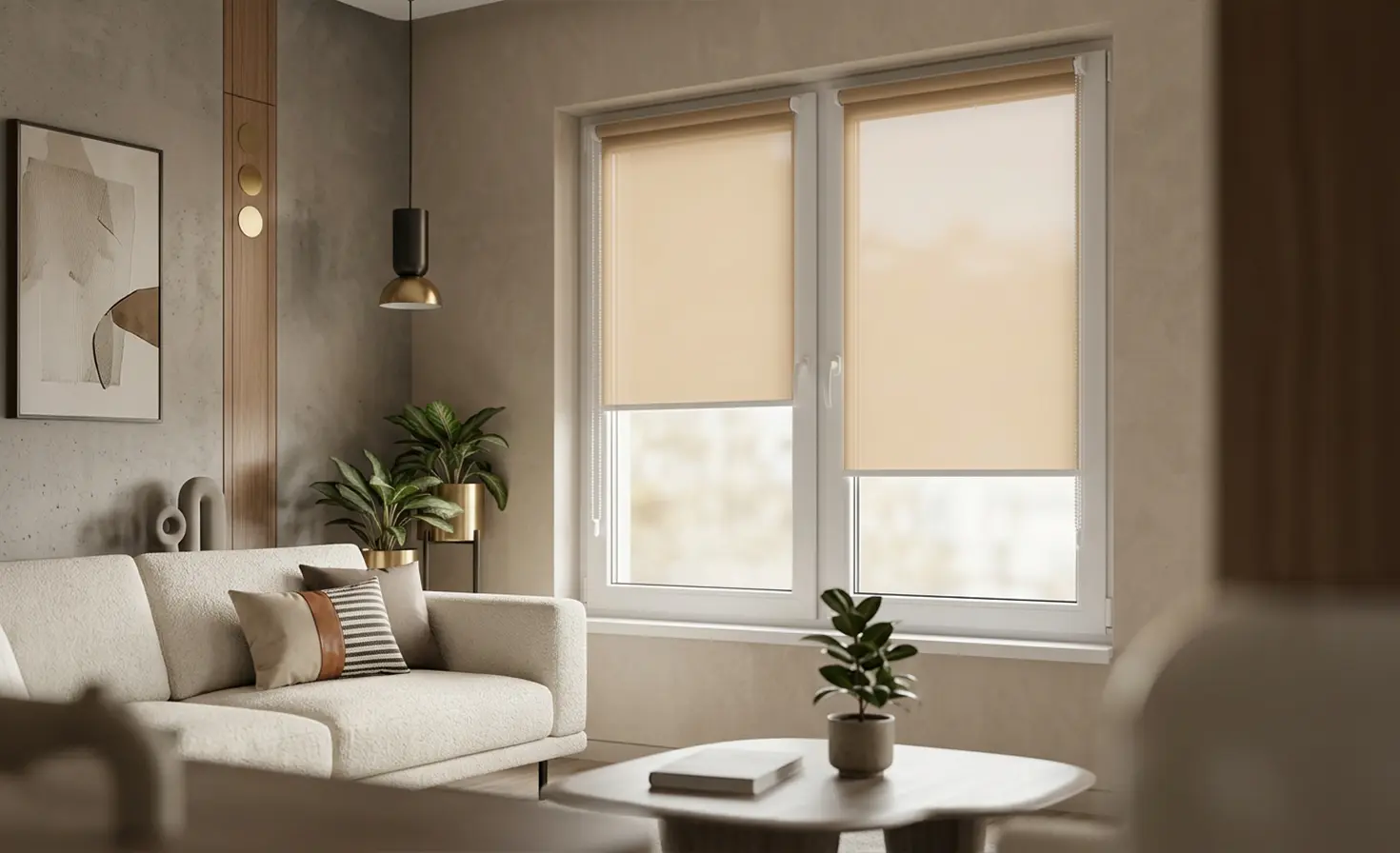 A bright, minimalist living room with roller blinds in a light beige colour on the windows.
