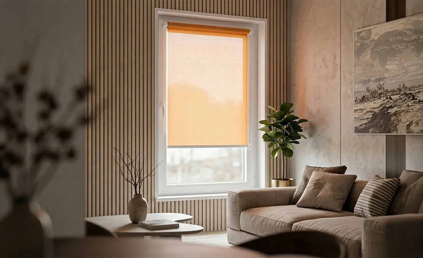 An orange standard roller blind on a window in a modern, cosy living room.