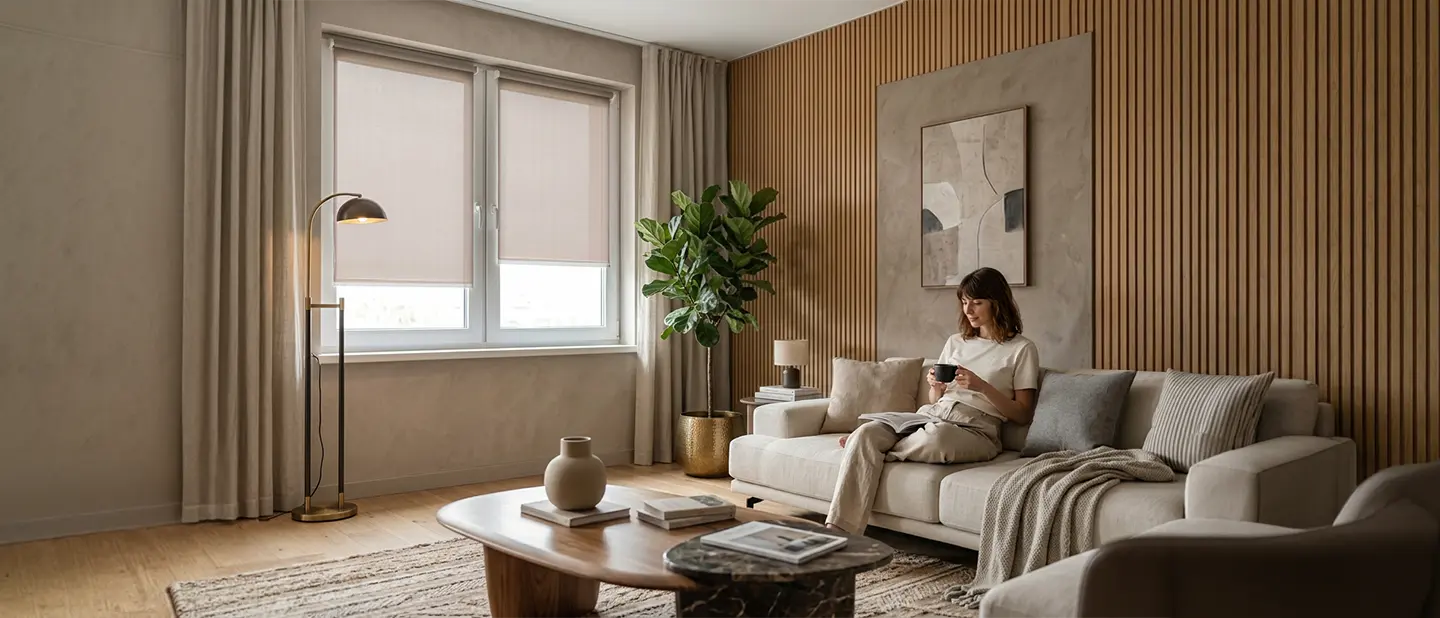 A woman sitting on a sofa in a minimalist, modern living room with standard roller blinds in a light beige colour.