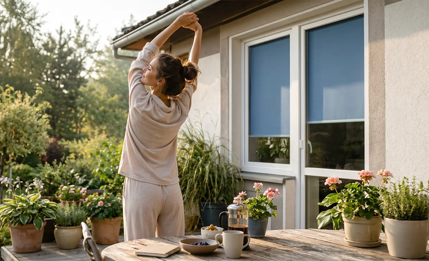 Woman in pyjamas stretching on the terrace in the morning, with a blue blind visible on the window in the background.