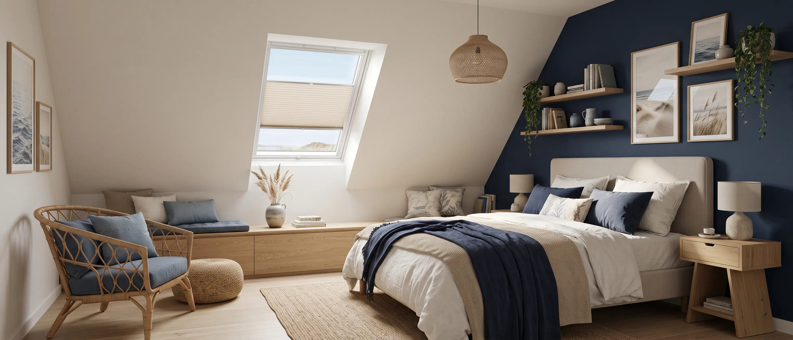 A cosy attic bedroom with a navy blue wall, wooden furniture and a pleated blind on the skylight window.