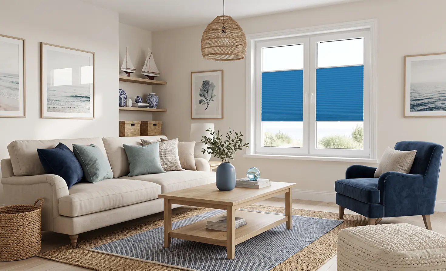 A nautical-style living room with blue pleated blinds covering the middle section of the windowpanes.