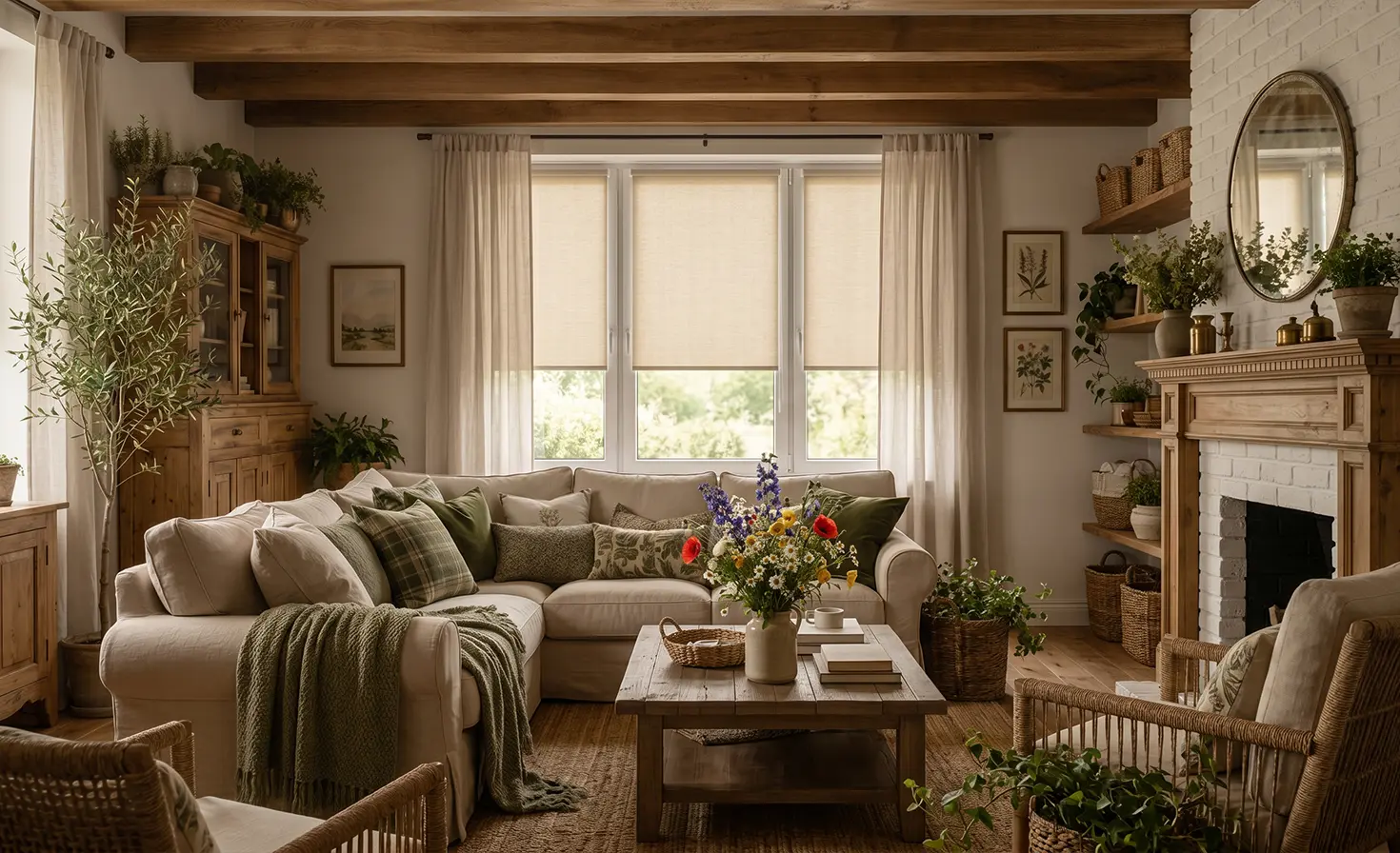 A large, warm living room decorated in a rustic style with a fireplace. In the background, roller blinds from the Standard collection are visible.