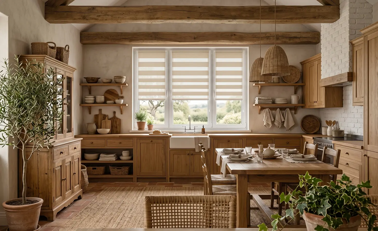 A bright beige rustic-style kitchen. A beige Day and Night roller blind is visible on the window.