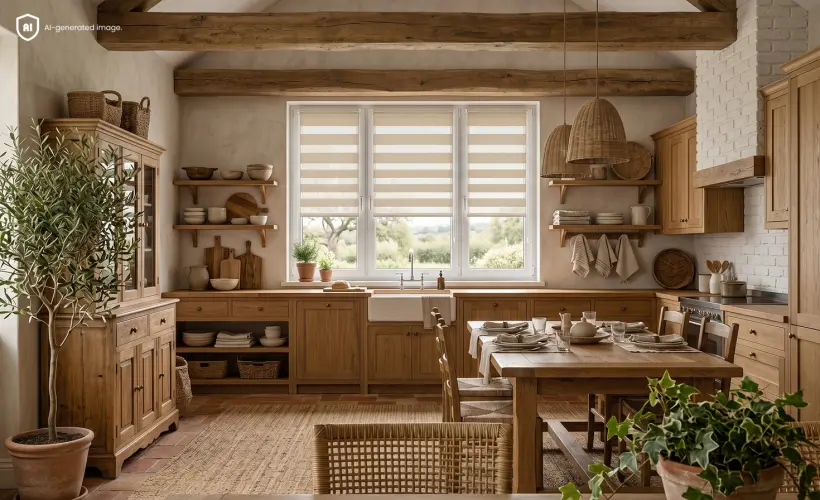 A bright beige rustic-style kitchen. A beige Day and Night roller blind is visible on the window.
