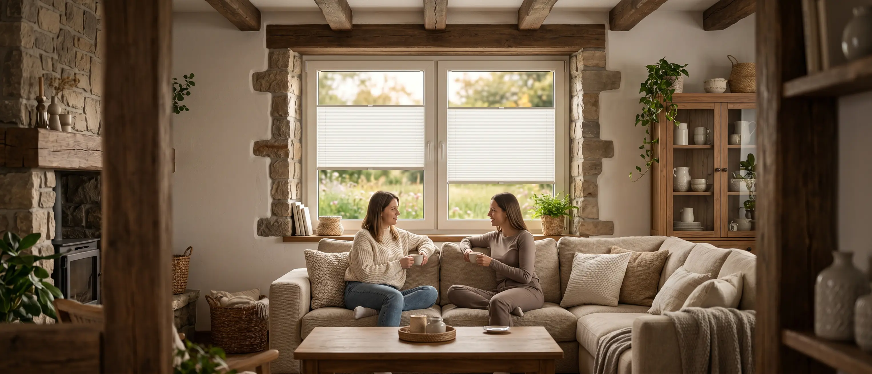 Women drinking coffee in a large rustic-style living room. In the background, light-coloured pleated blinds are visible on the window.