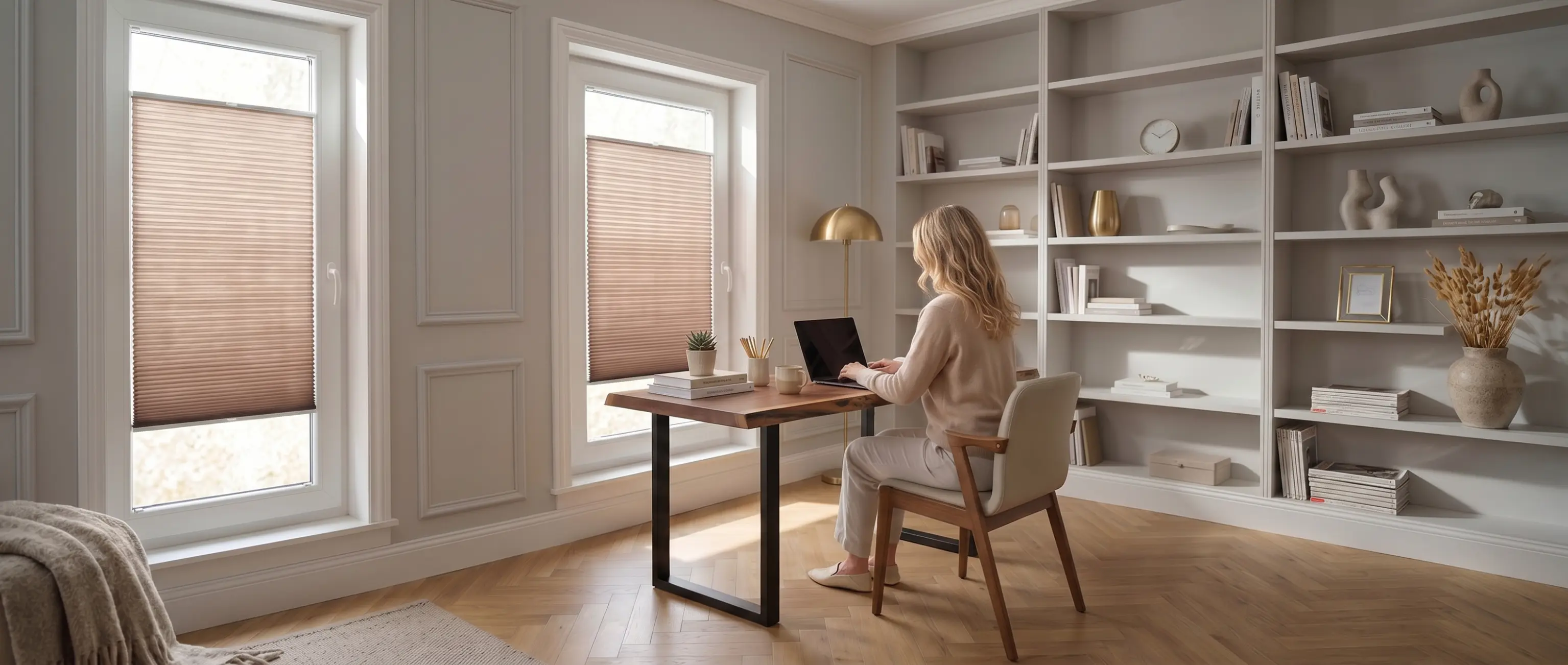 Woman working on a laptop at a desk in a bright office with standard brown pleated blinds on the windows.