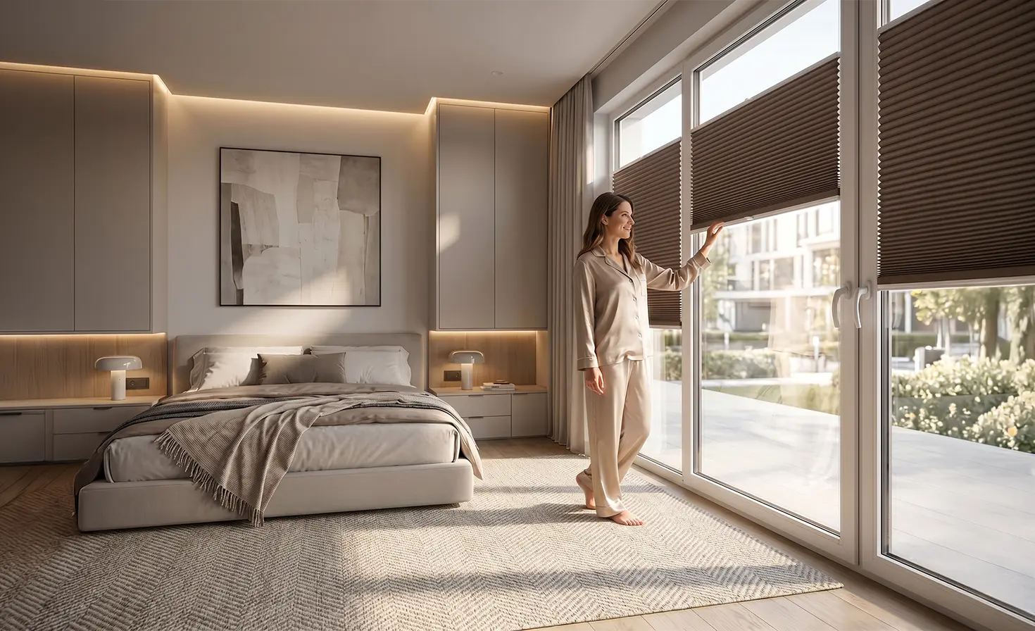Woman in pyjamas in a bedroom, closing a brown blackout pleated blind over the window.
