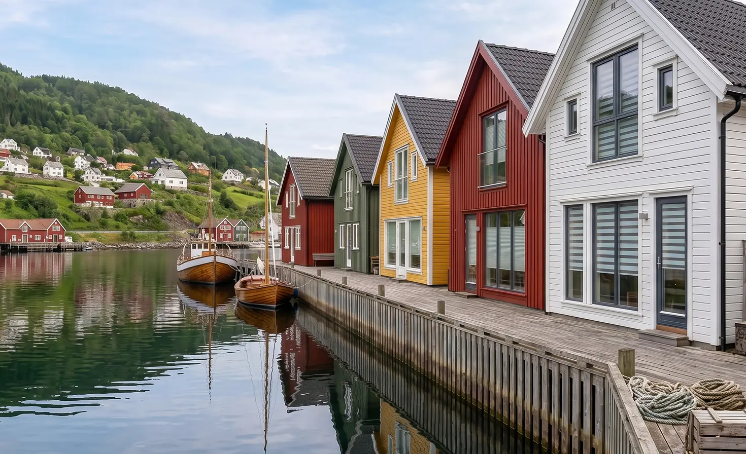 Scandinavian fishing village in Norway with colourful houses and day-and-night blinds in the windows.