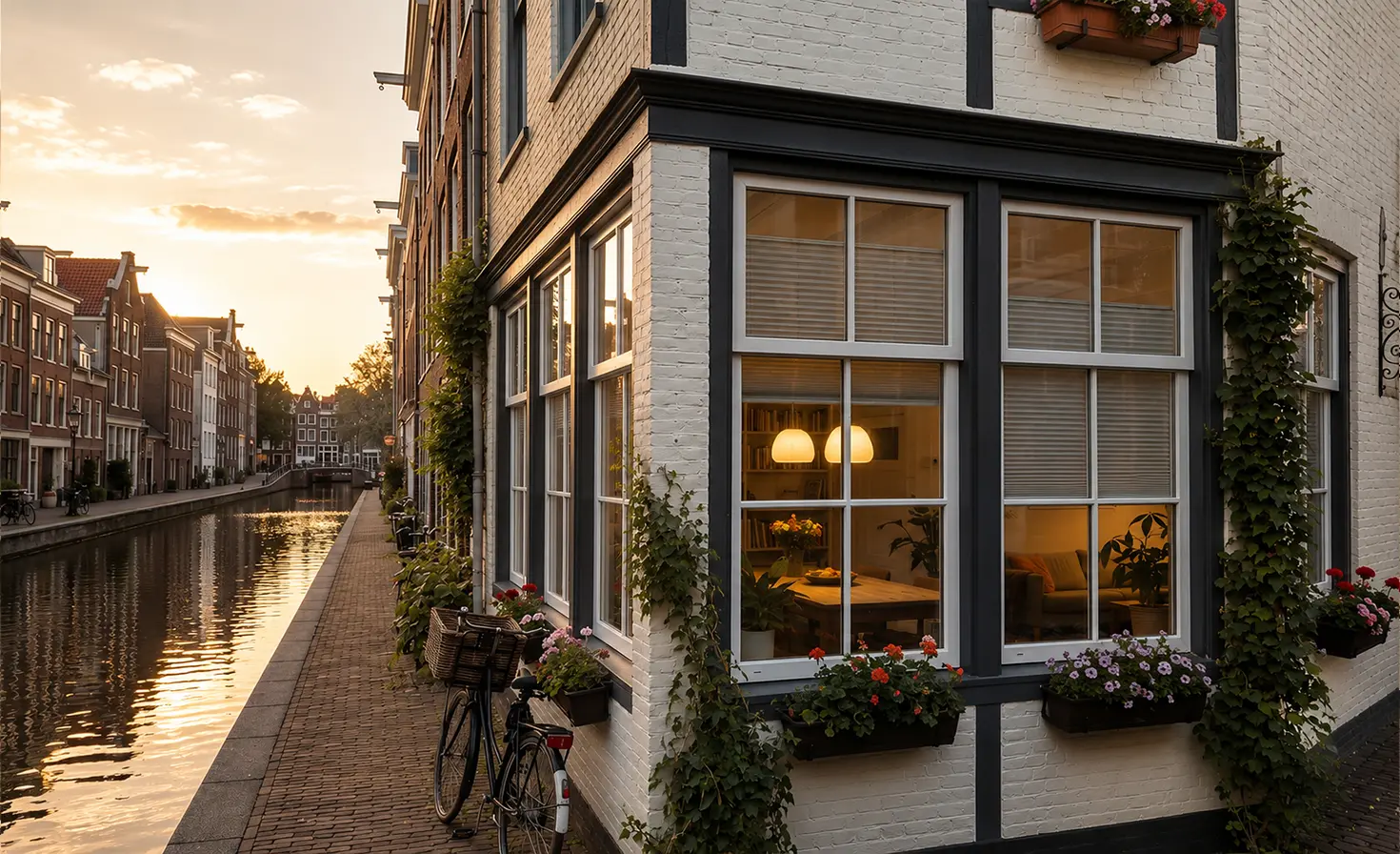 Dutch corner building with large windows and standard grey pleated blinds on the windows.