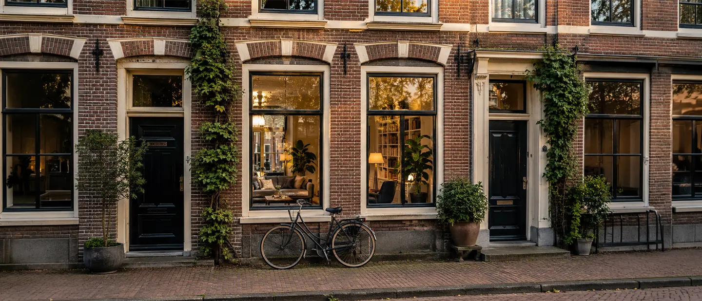 Atmospheric Dutch-style street with buildings featuring large windows without window coverings.