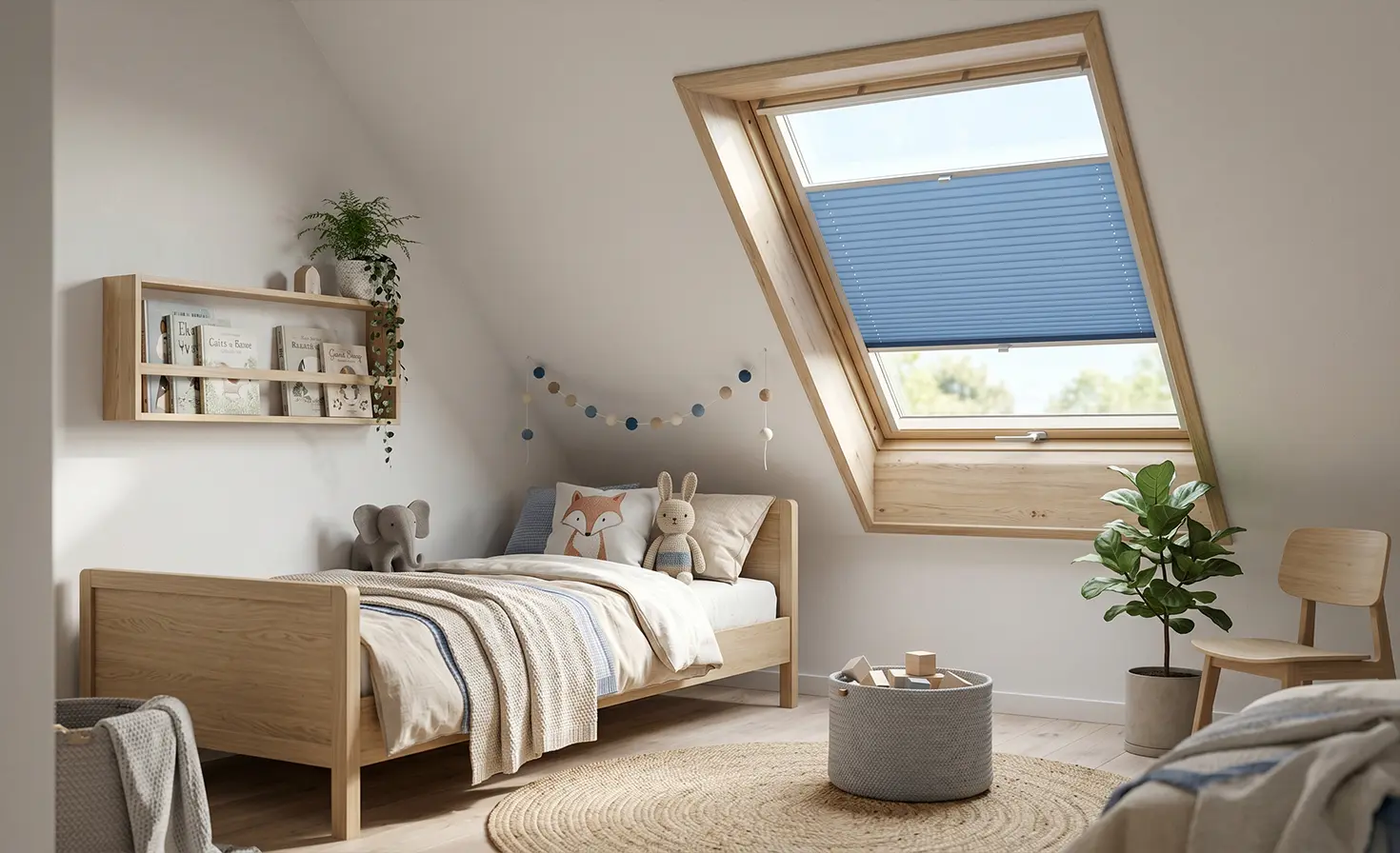 Bright children's room in the attic with a blue skylight blind on the window