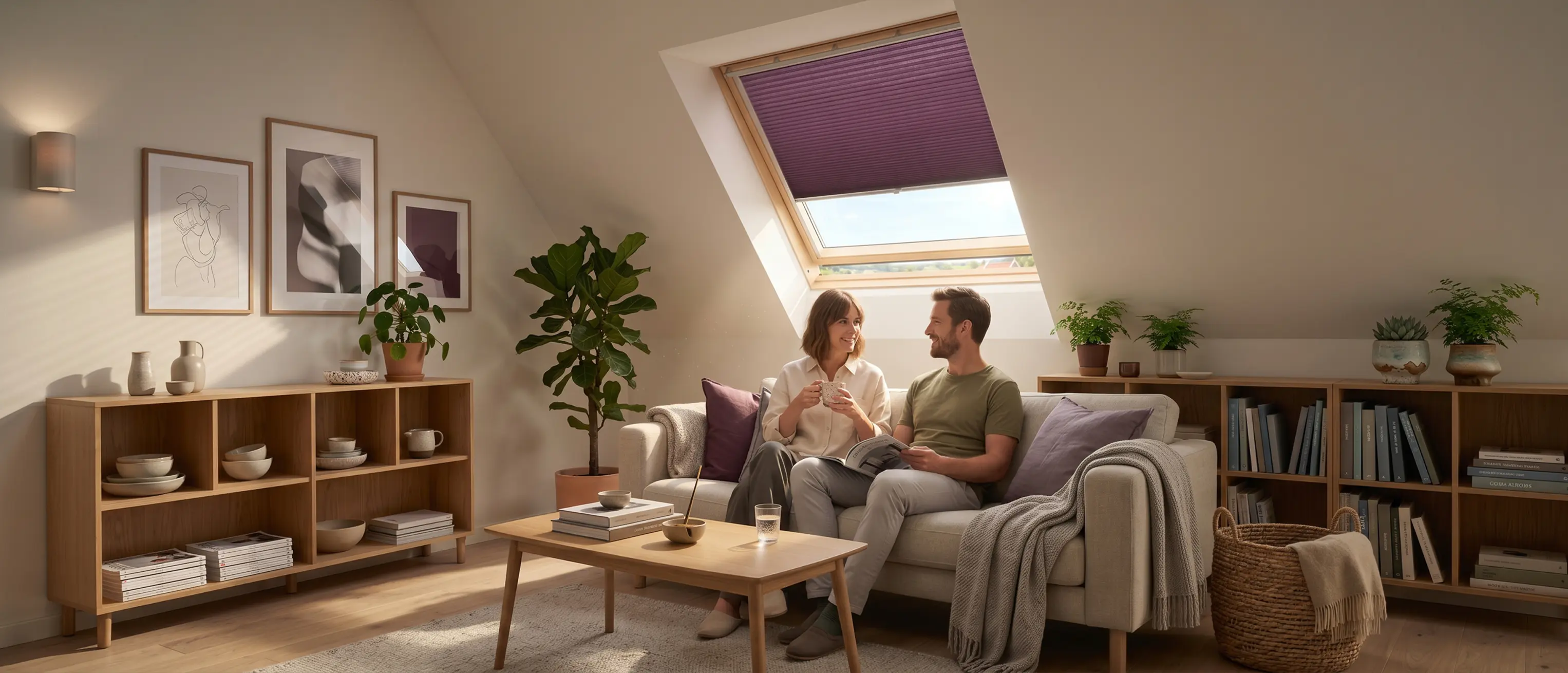 Couple sitting on a sofa in the attic with a plum-coloured skylight blind in the background