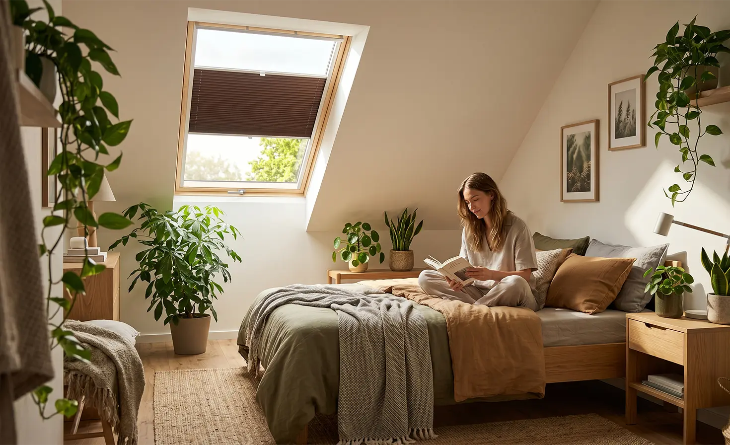 Boho-style attic bedroom with a brown skylight blind on the window