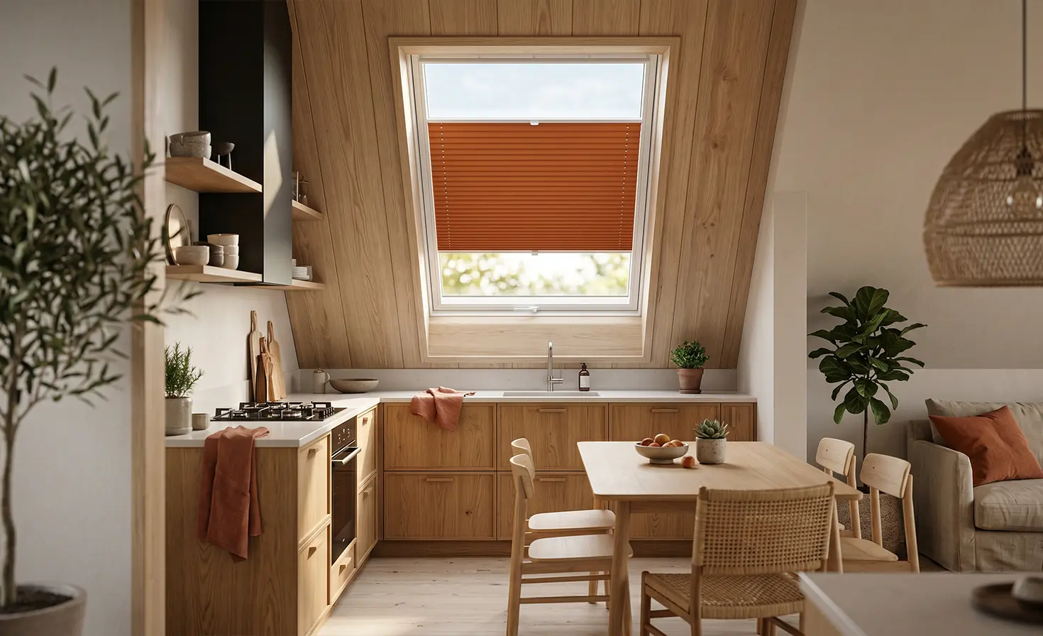 Small attic kitchen with an orange skylight blind on the window